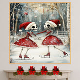 Whimsical Skeleton Ice Skating Christmas Print – Gothic Holiday Art with Dancing Skeletons in Santa Hats, Spooky Winter Scene, Quirky Festive Wall Decor on Ready to Hang 1.5" Thick Canvas Wrap, Floating Framed Canvas, Flat Rolled Canvas